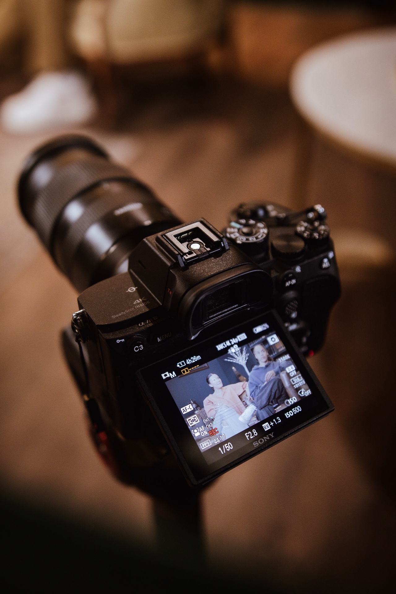 Close-up of the Sony cinema camera and lens mid-record on set at The Fort